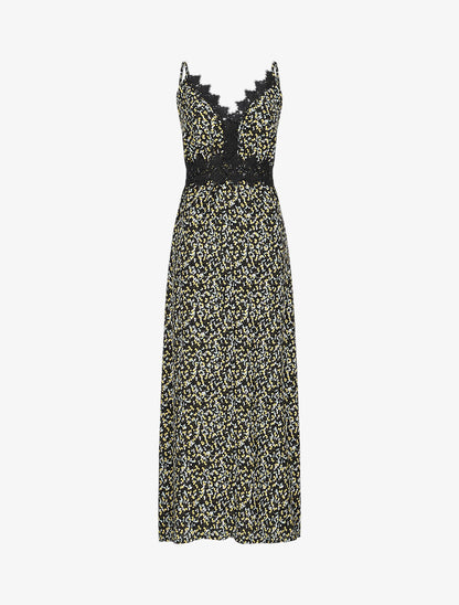 Robe longue à fleurs graphiques et à fines broderies - Noir - 1
