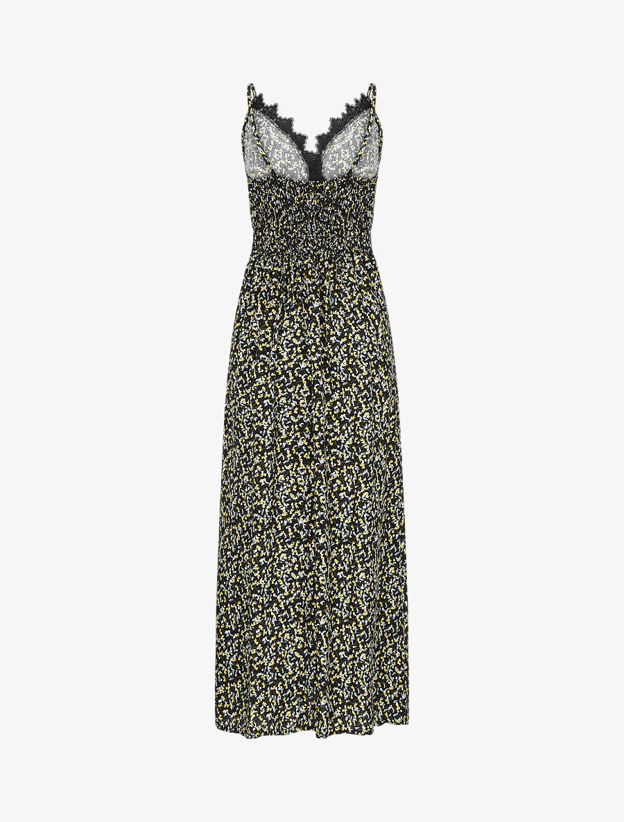 Robe longue à fleurs graphiques et à fines broderies - Noir - 2