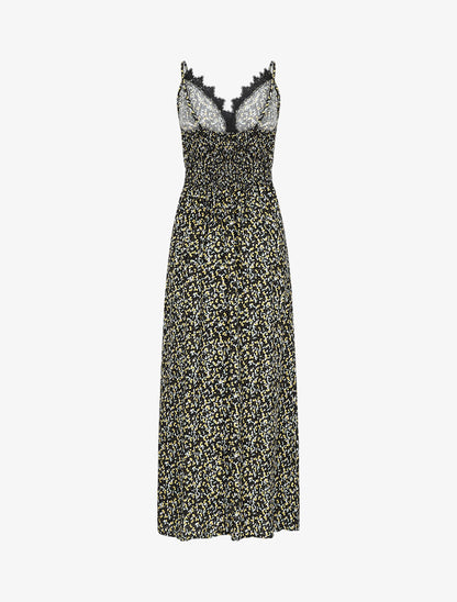 Robe longue à fleurs graphiques et à fines broderies - Noir - 2