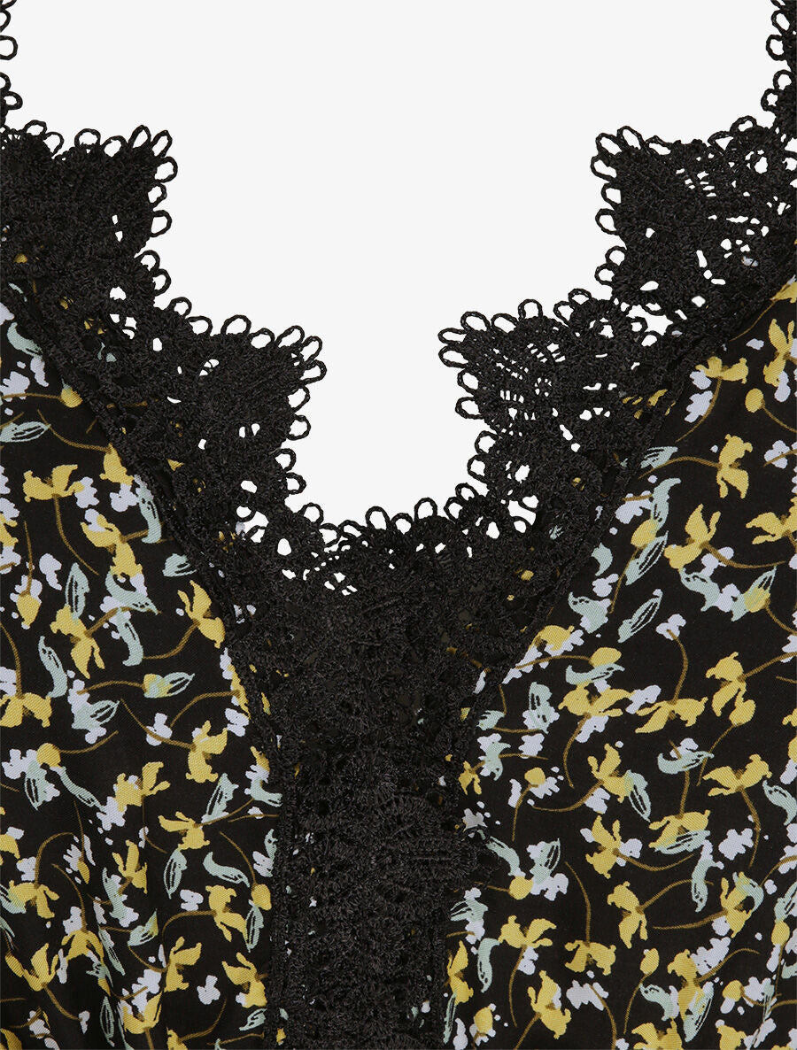 Robe longue à fleurs graphiques et à fines broderies - Noir - 3