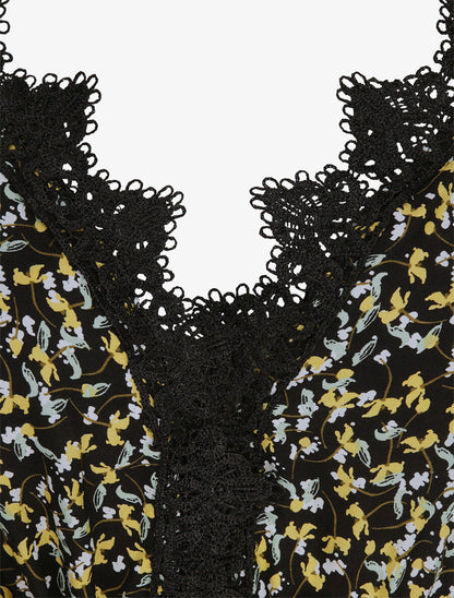 Robe longue à fleurs graphiques et à fines broderies - Noir - 3
