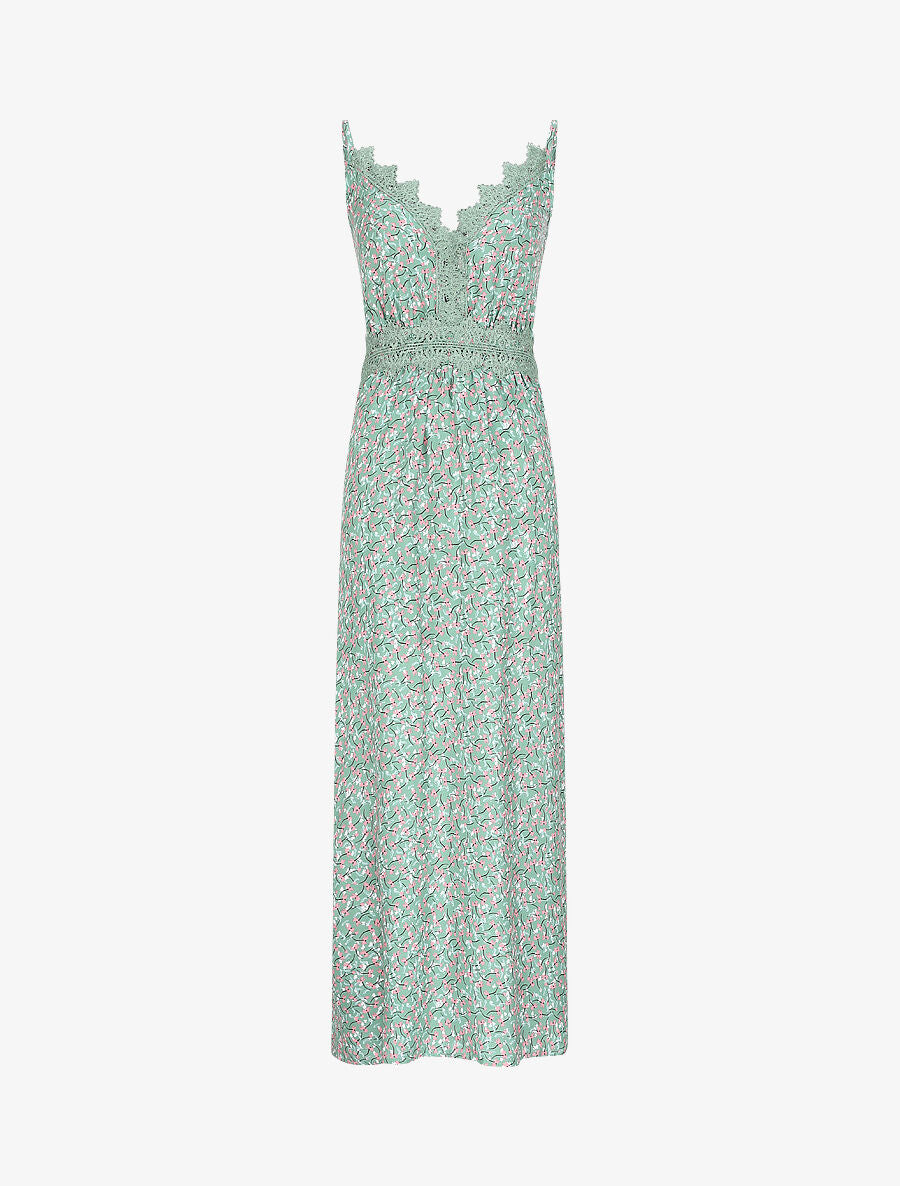Robe longue à fleurs graphiques et à fines broderies - Vert amande - 5