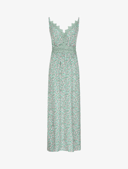 Robe longue à fleurs graphiques et à fines broderies - Vert amande - 5