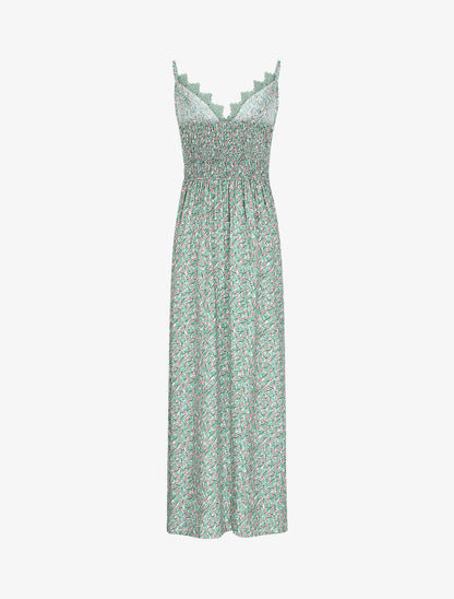 Robe longue à fleurs graphiques et à fines broderies - Vert amande - 3