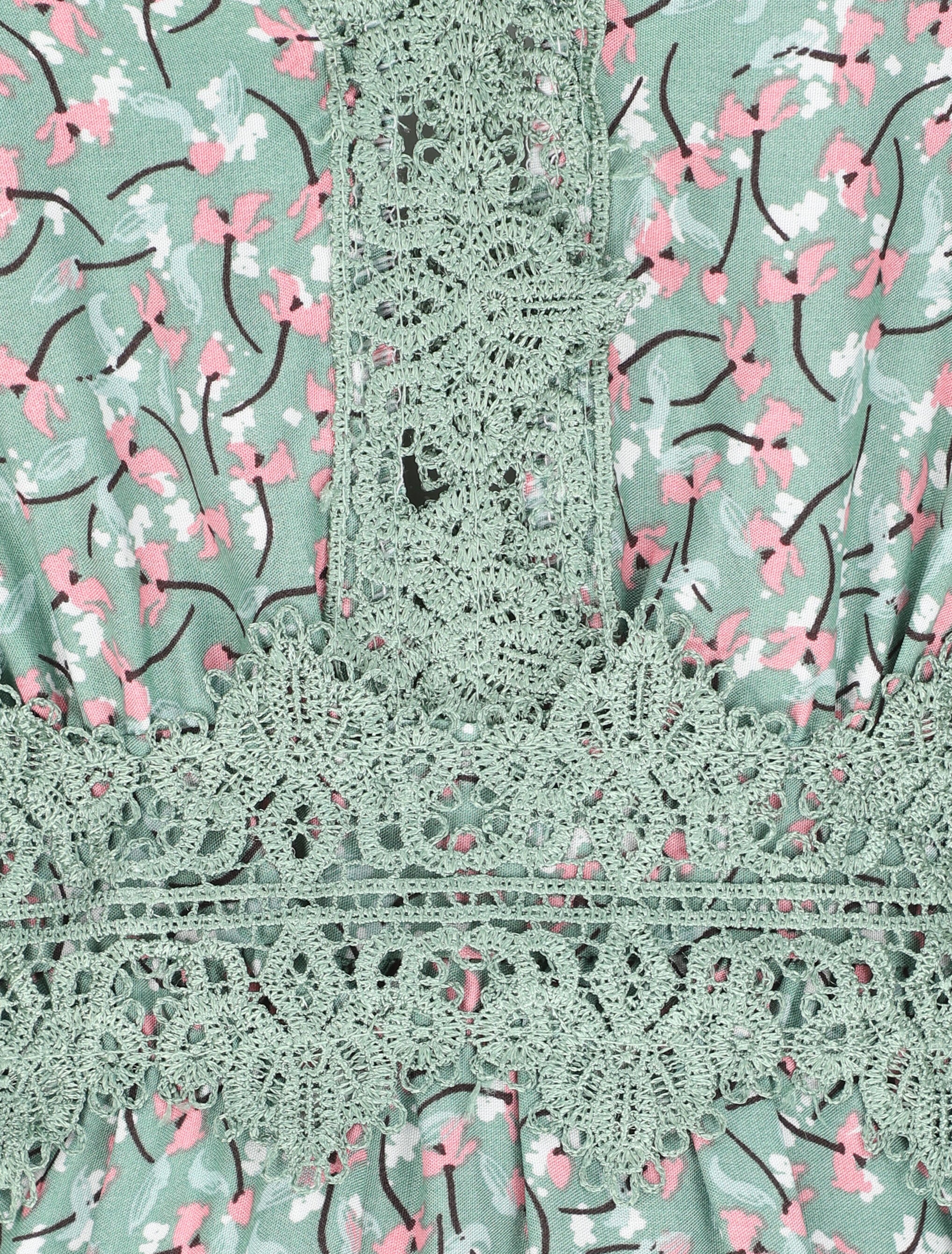 Robe longue à fleurs graphiques et à fines broderies - Vert amande - 4
