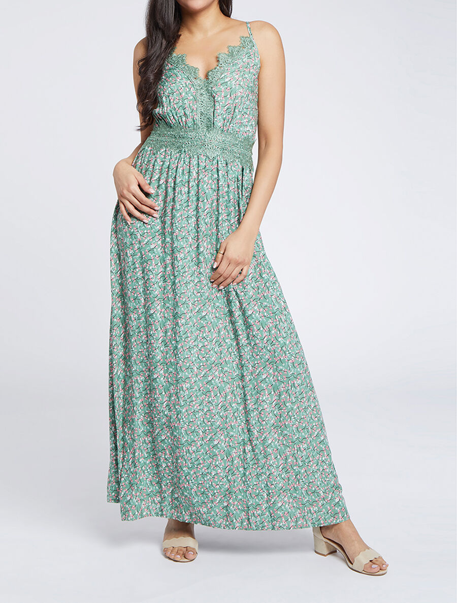 Robe longue à fleurs graphiques et à fines broderies - Vert amande - 1