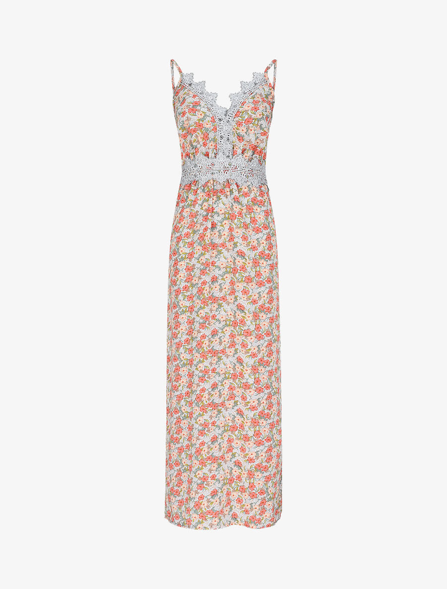 Robe longue fleurie et à fines broderies - Orange - 1