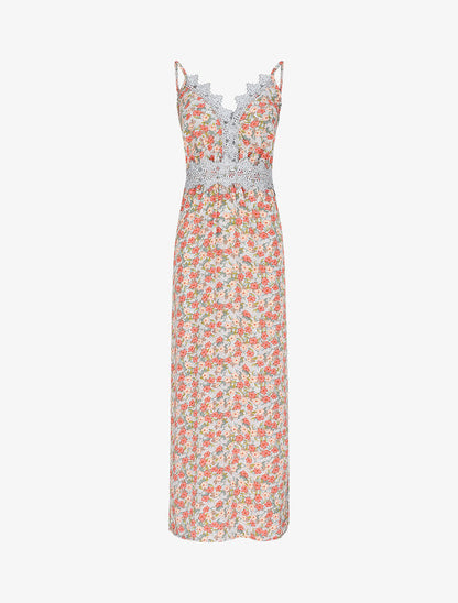 Robe longue fleurie et à fines broderies - Orange - 1