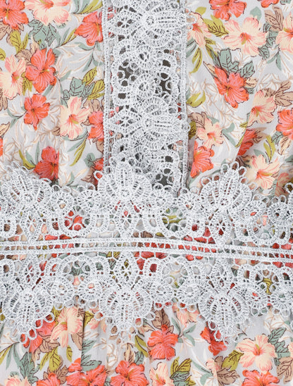 Robe longue fleurie et à fines broderies - Orange - 3