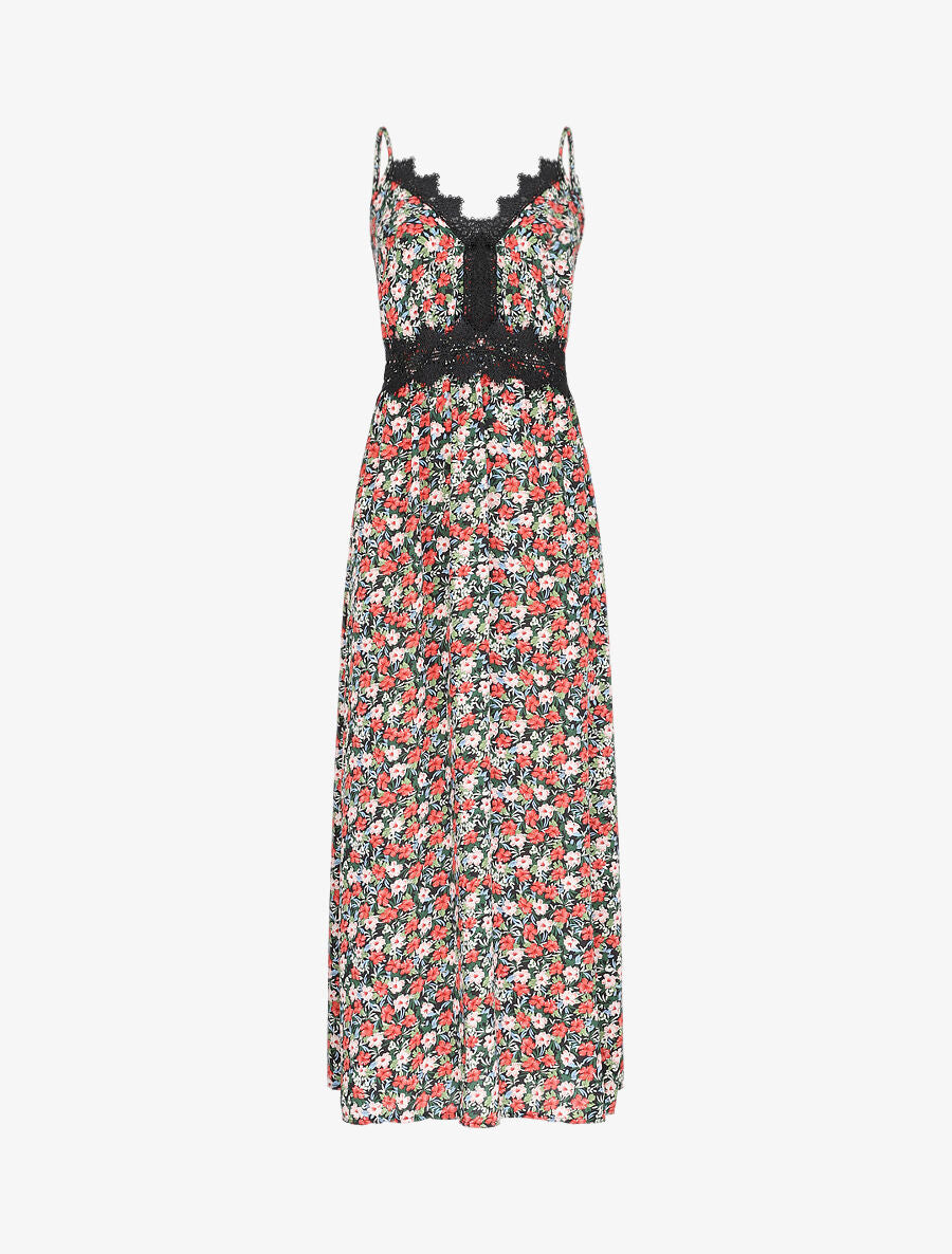 Robe longue fleurie et à fines broderies - Noir - 1