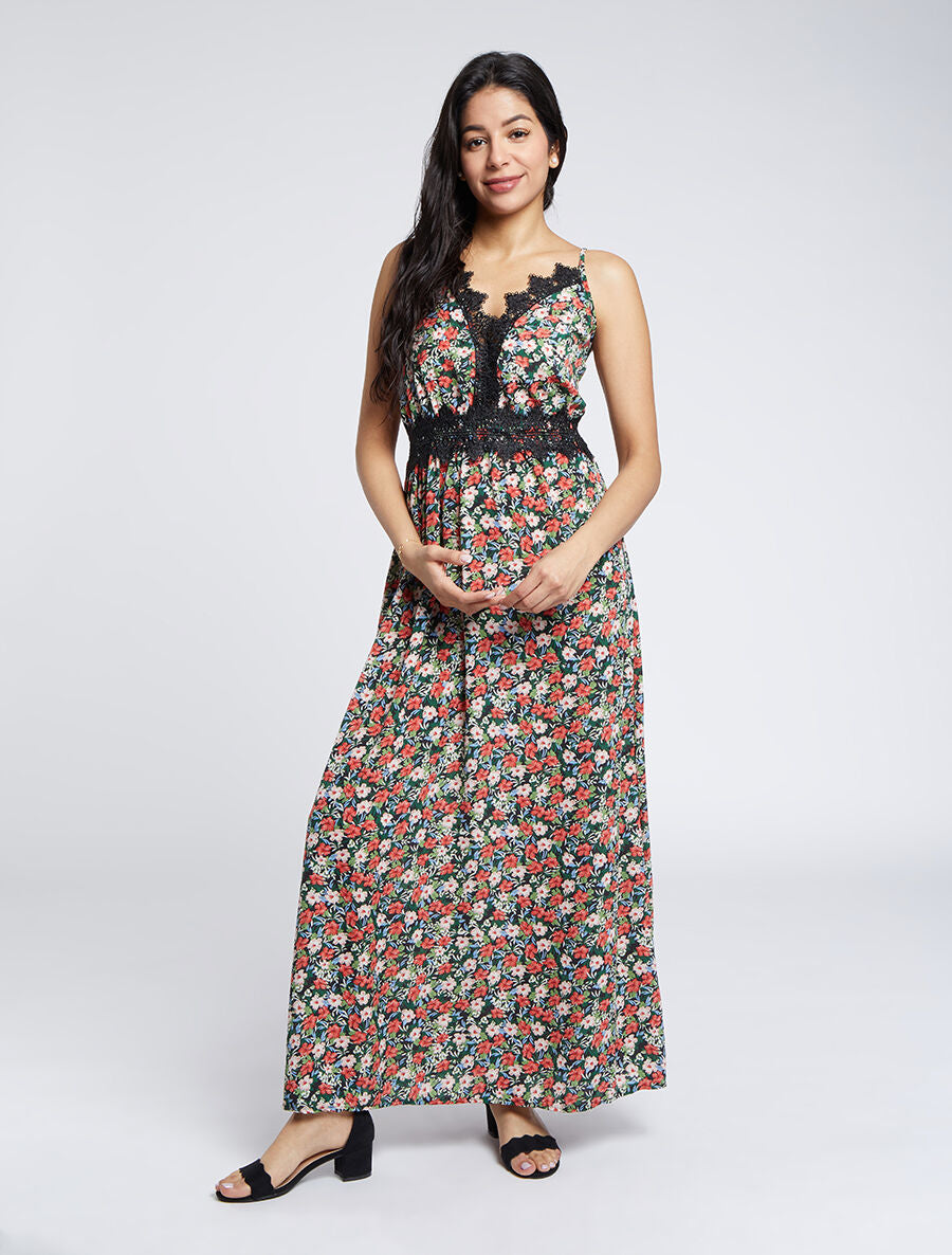 Robe longue fleurie et à fines broderies - Noir - 5