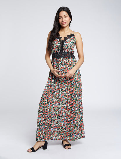 Robe longue fleurie et à fines broderies - Noir - 5