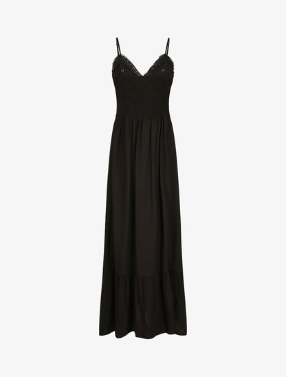 Robe longue à col V en dentelle - Noir - 2