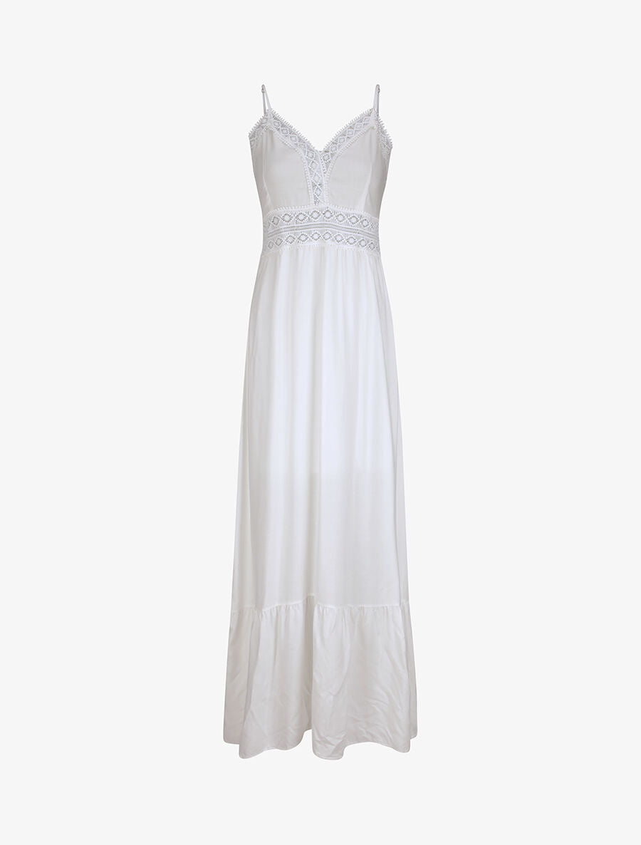 Robe longue à col V en dentelle - Blanc - 4