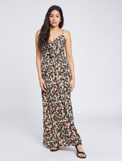 Robe longue imprimé multi-fleurs coupe empire - Noir - 1