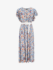 Robe longue empire à manches volantées imprimé aquarelle florale - Bleu/beige - 1