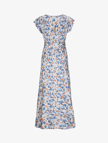 Robe longue empire à épaules volantées imprimé aquarelle florale - Bleu clair - 2