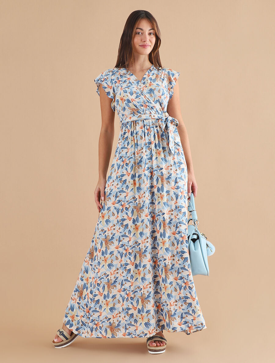 Robe longue empire à épaules volantées imprimé aquarelle florale - Bleu clair - 4