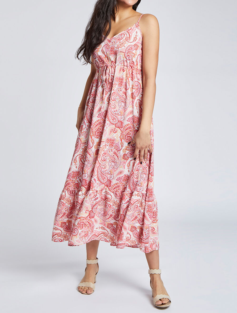 Robe longue empire imprimé cachemire à bretelles - Rose - 4