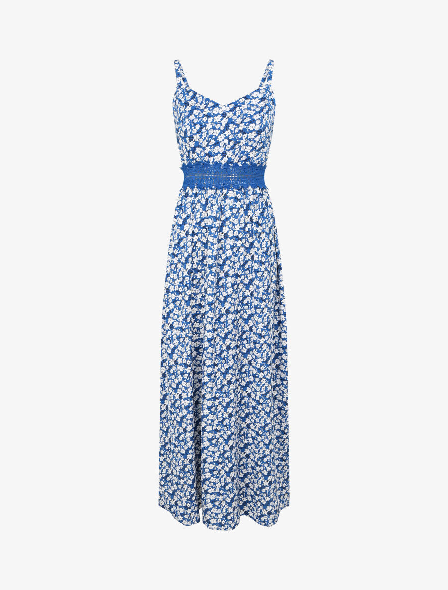 Robe longue imprimée petites fleurs à boutons décoratifs - Bleu - 1