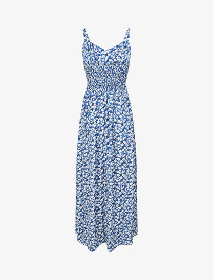 Robe longue imprimée petites fleurs à boutons décoratifs - Bleu - 2