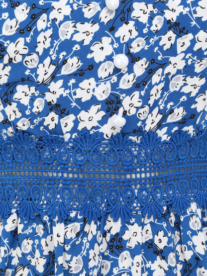 Robe longue imprimée petites fleurs à boutons décoratifs - Bleu - 3