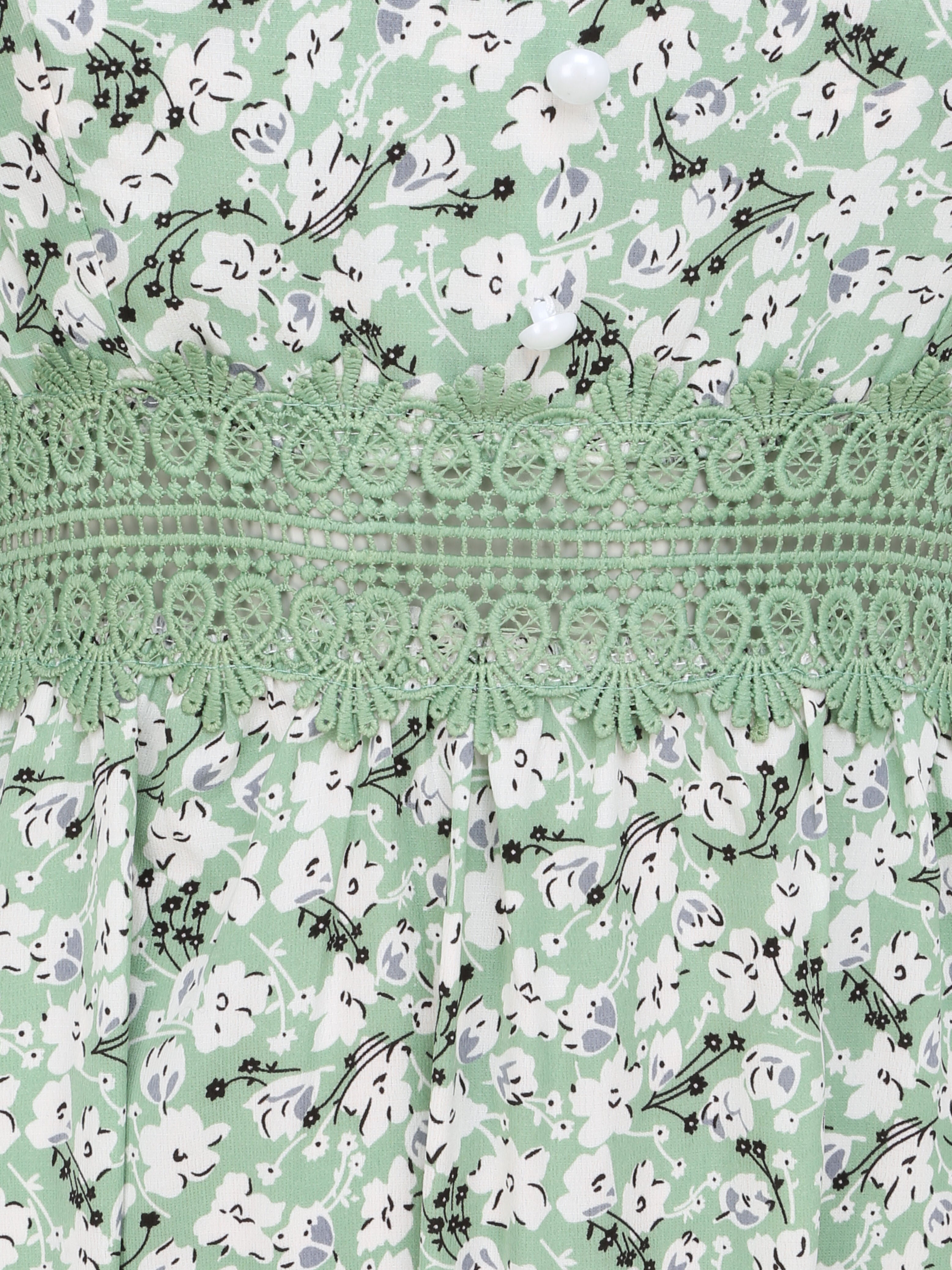 Robe longue imprimée petites fleurs à boutons décoratifs - Vert - 3