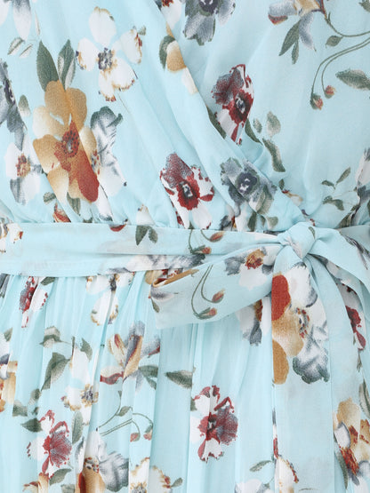 Robe longue cintrée imprimé fleurs - Turquoise - 3