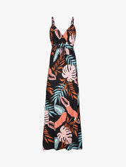 Robe longue empire imprimé plantes tropicales à bretelles - Noir - 5
