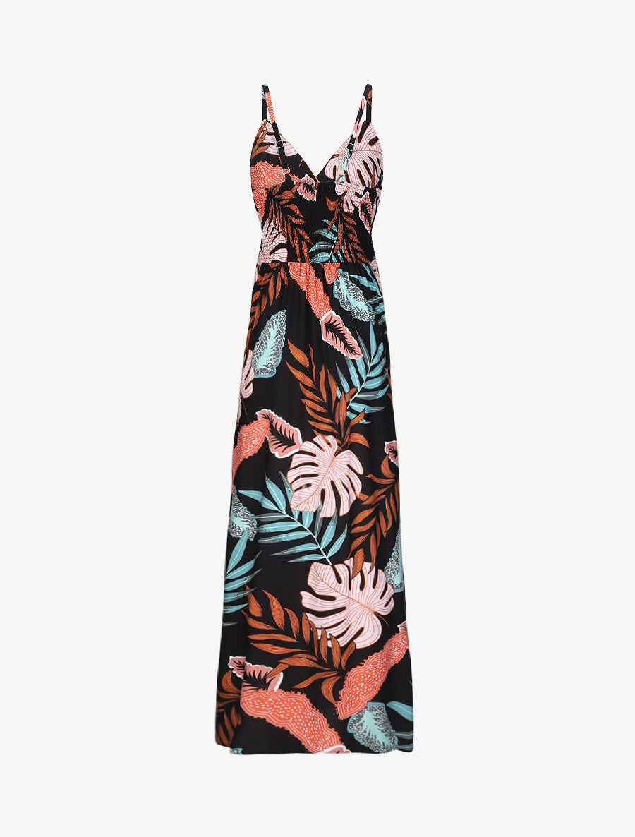 Robe longue empire imprimé plantes tropicales à bretelles - Noir - 2