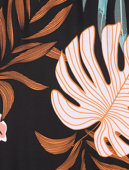 Robe longue empire imprimé plantes tropicales à bretelles - Noir - 3