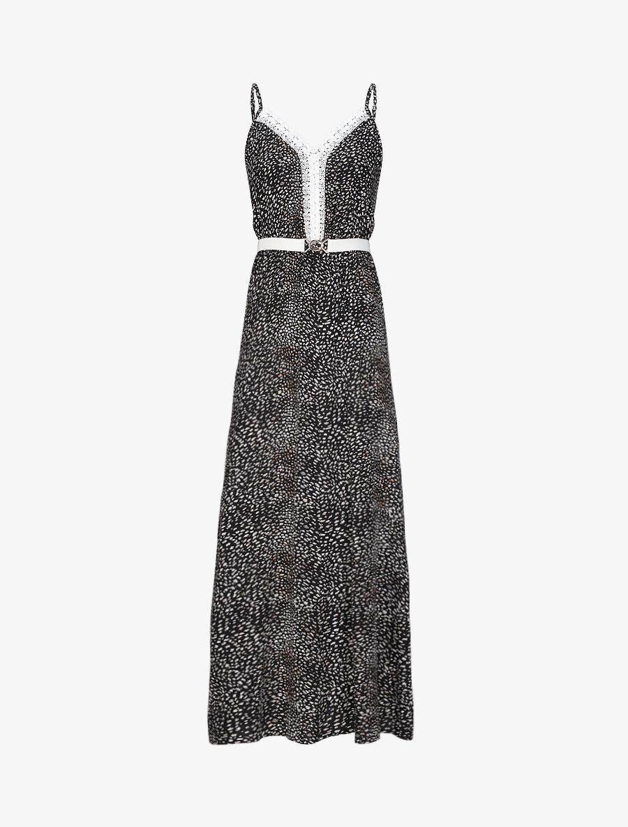 Robe longue patineuse à col dentelle et imprimé moucheté - Noir - 1
