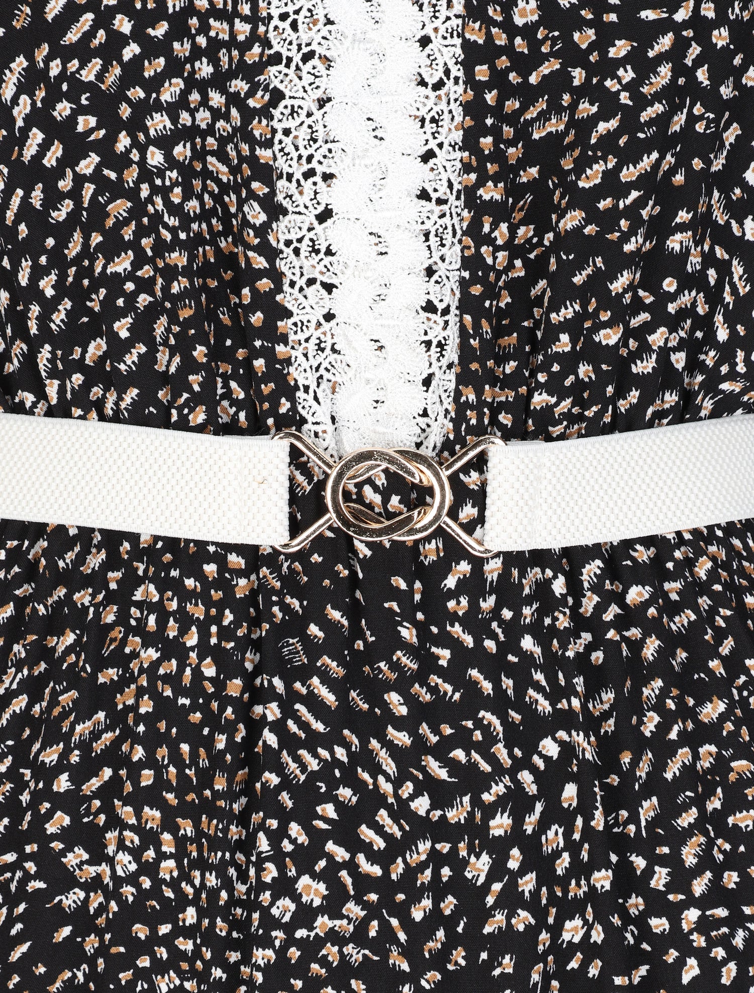 Robe longue patineuse à col dentelle et imprimé moucheté - Noir - 3