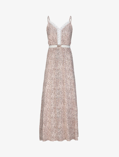 Robe longue patineuse à col dentelle et imprimé moucheté - Beige - 1