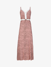 Robe longue patineuse à col dentelle et imprimé moucheté - Rose - 1