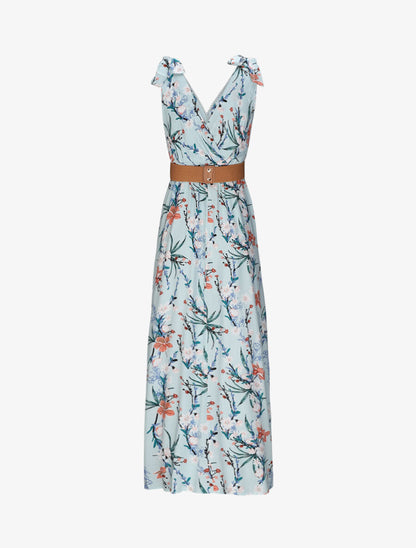 Robe longue empire à col cache-coeur imprimé bouquet fleuri - Bleu clair - 3