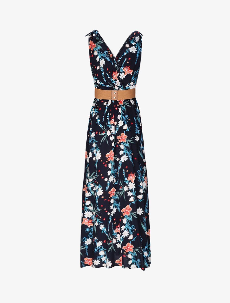 Robe longue empire à col cache-coeur imprimé bouquet fleuri - Marine - 2