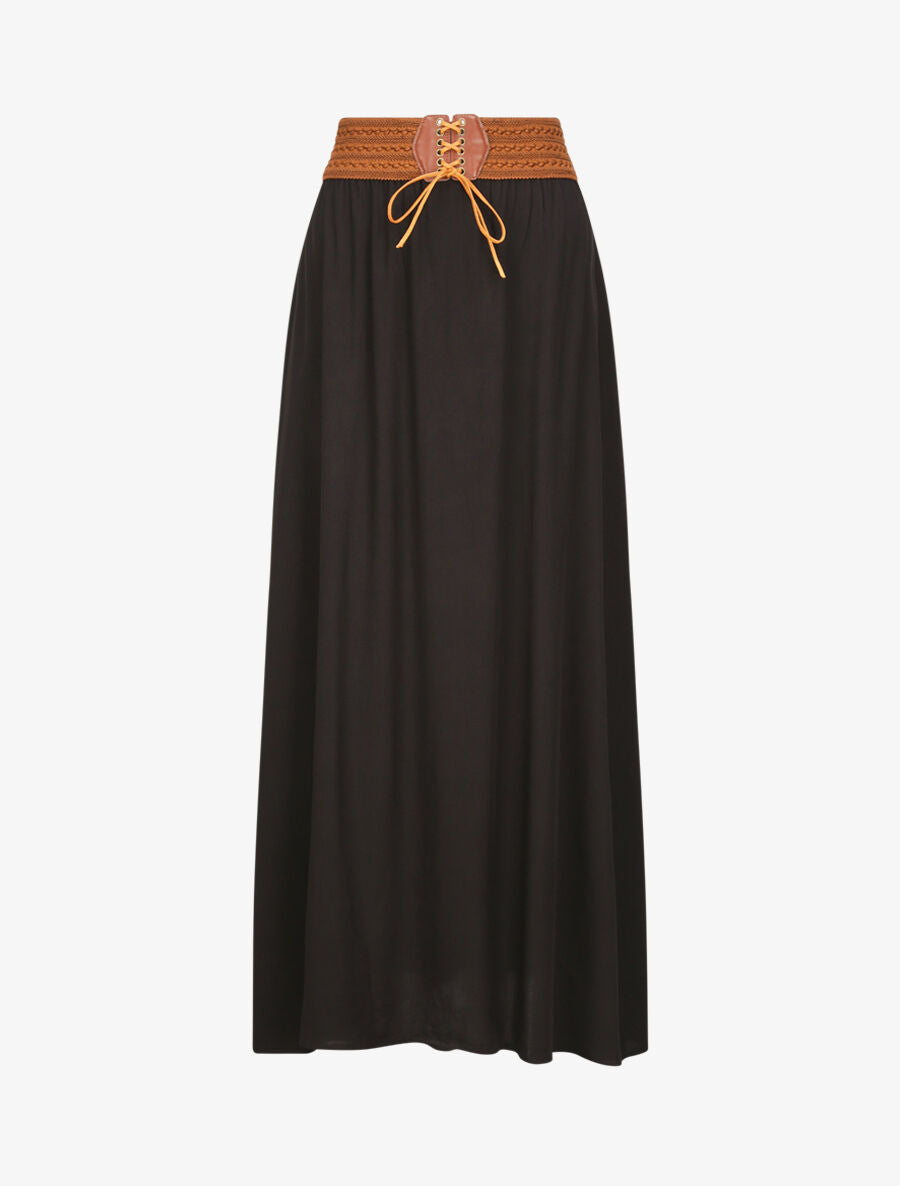 Jupe longue unie à taille haute contrastante - Noir - 1