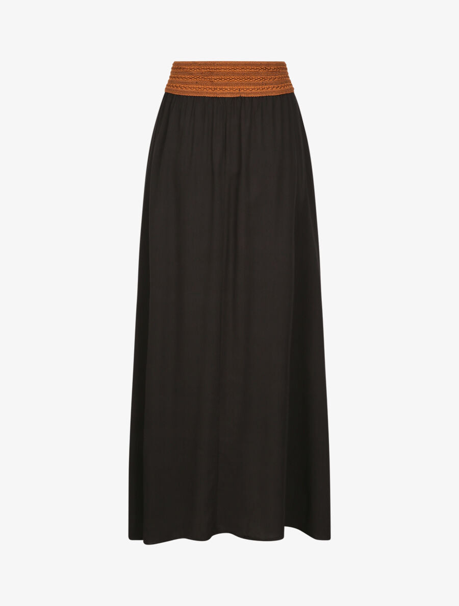 Jupe longue unie à taille haute contrastante - Noir - 2