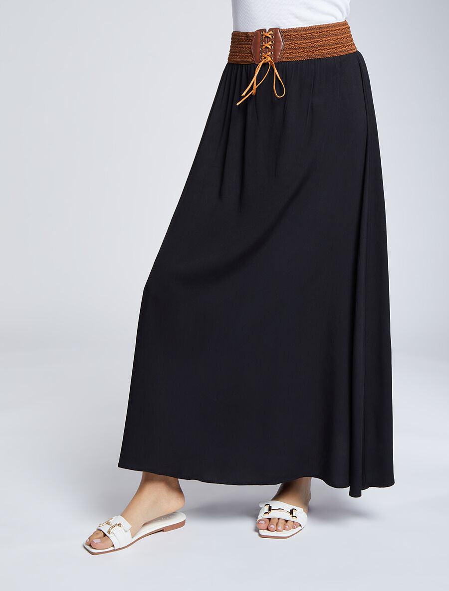Jupe longue unie à taille haute contrastante - Noir - 4