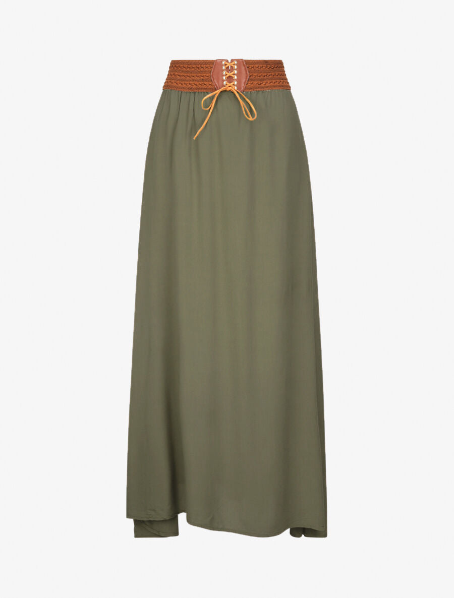Jupe longue unie à taille haute contrastante - Kaki - 1