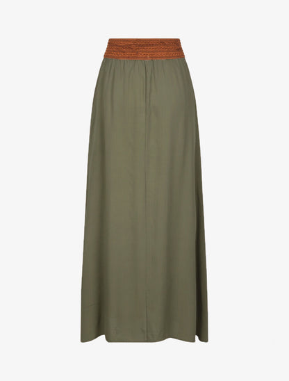 Jupe longue unie à taille haute contrastante - Kaki - 2