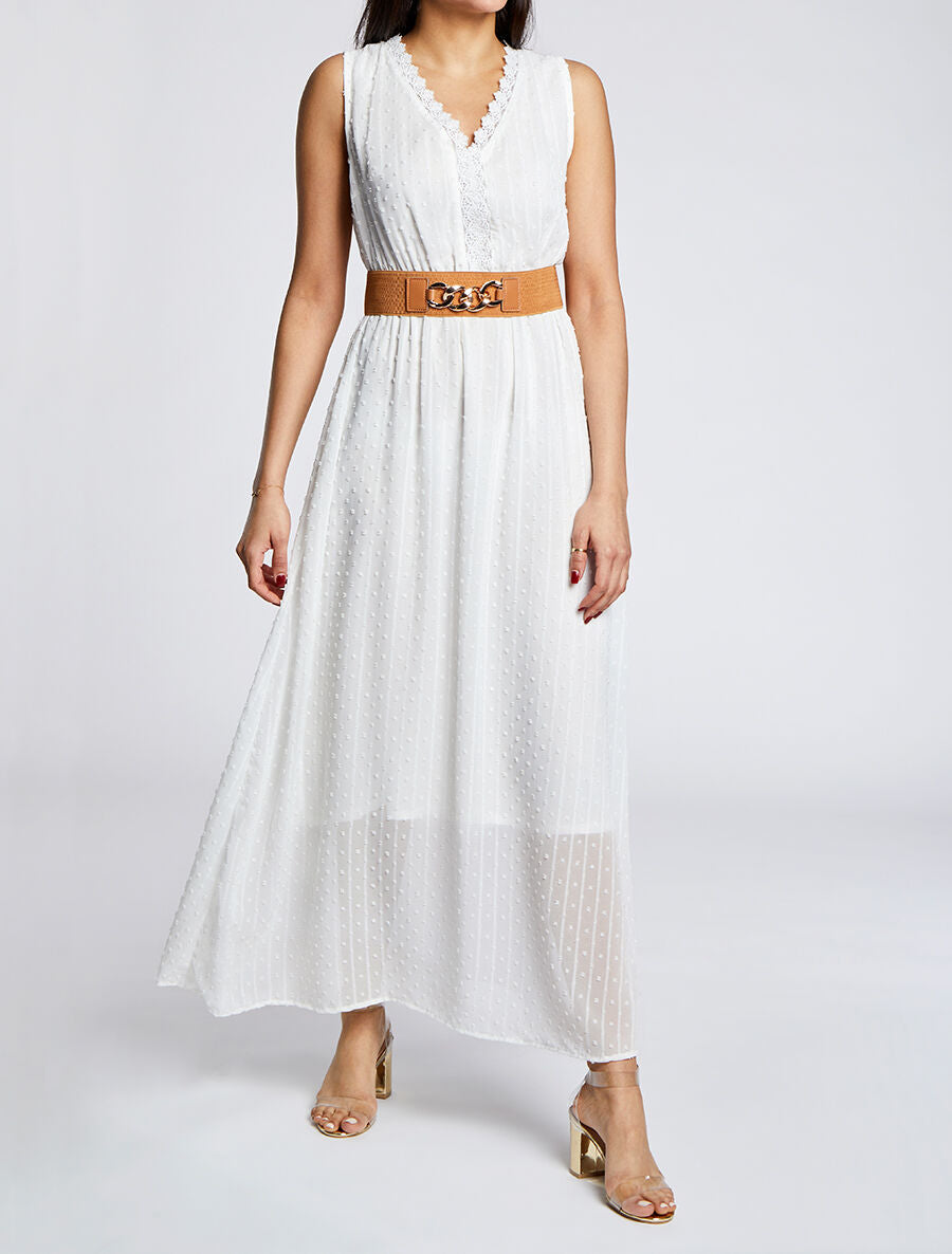 Robe longue empire unie en plumetis - Blanc - 4