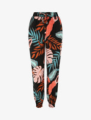 Pantalon fluide imprimé feuilles à bords élastiqués - Noir - 4