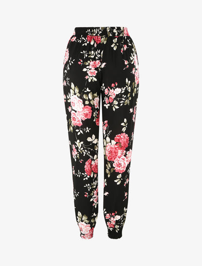 Pantalon fluide imprimé fleuri à bords élastiqués - Noir - 2