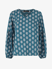 Top ample col V à fleurs - Bleu canard - 1