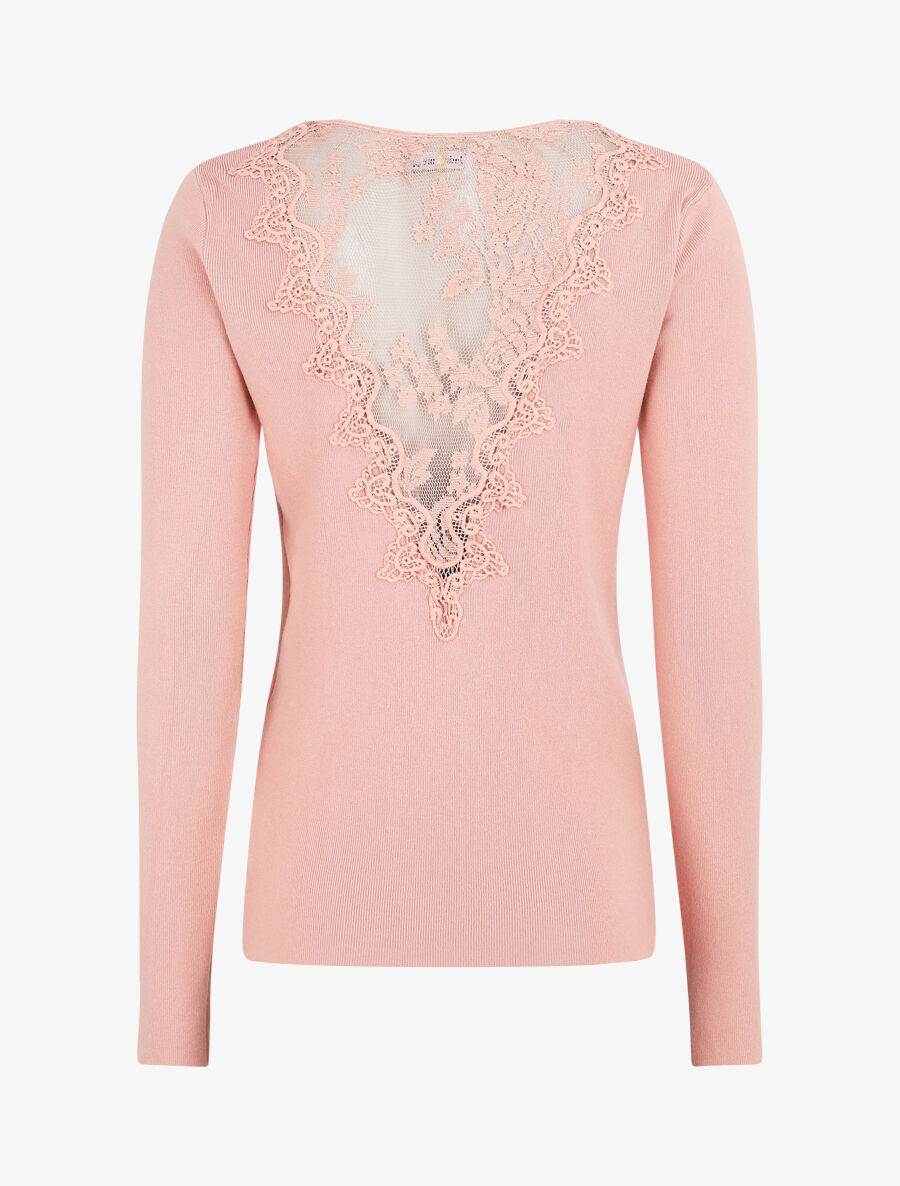 Pull fin à dos en dentelle - Rose - 3