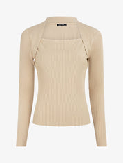 Pull côtelé col carré - Beige - 1