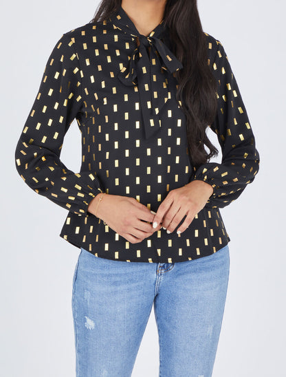 Blouse col lavallière à imprimé rectangles dorés - Noir - 4