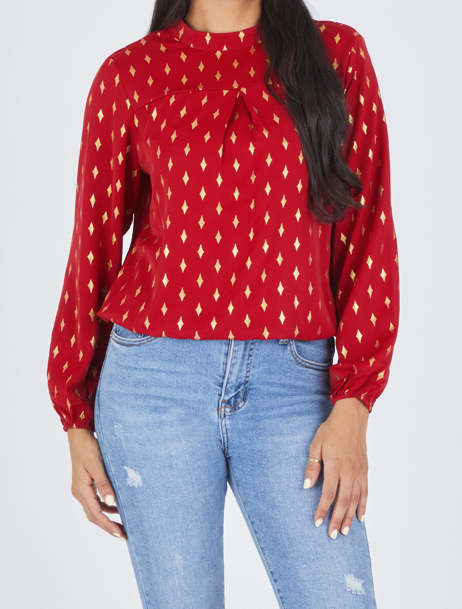 Blouse col montant à imprimé losanges dorés - Rouge - 4